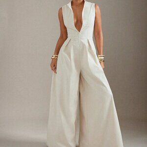Apricot Elegant Women's Extreme Wide Leg Zip Front Sleeveless Jumpsuit